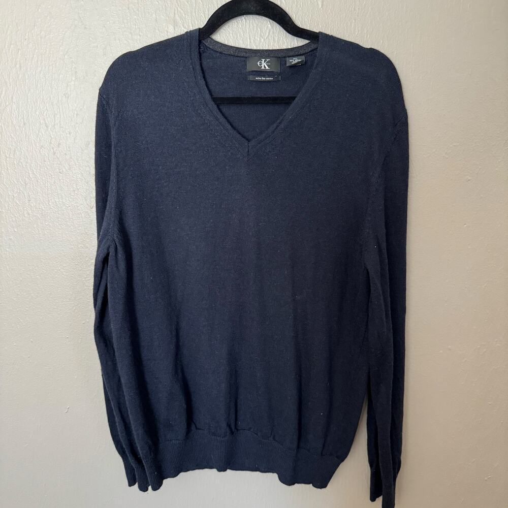 CALVIN KLEIN Blue Wool Sweater V-Neck Long Sleeve Casual Size XL Casual Comfort